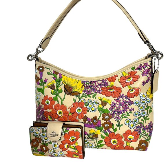 Coach Laurel Shoulder Bag Garden Flower Print + Medium Corner Zip Wallet
